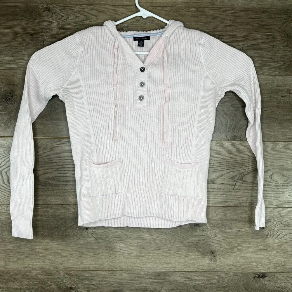 Tommy Hilfiger Hooded Sweater Womens L Knit Pink Pullover Front Pockets Buttons - Picture 2 of 10